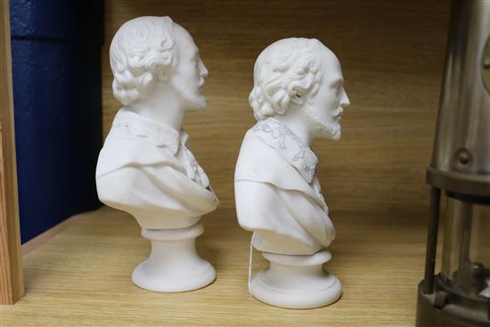 A Copeland Parian ware bust of William Shakespeare (lace collar a.f.), H 20cm and another similar bust
